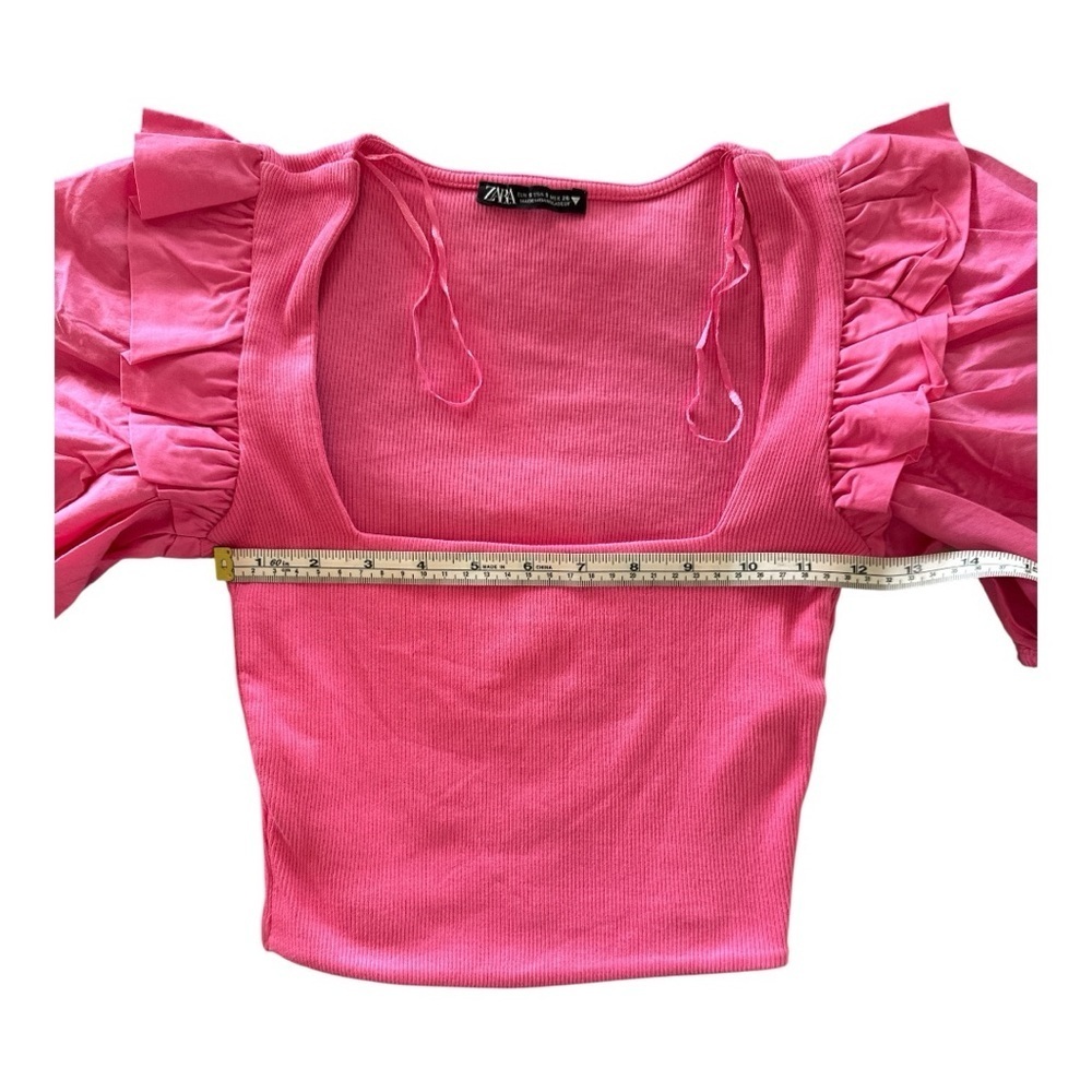 ZARA Pink Puff Balloon Sleeve Ribbed Crop Top Sz S Ruffle Feminine - Picture 8 of 12
